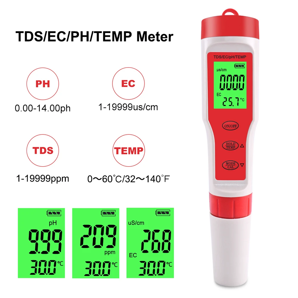 

TDS-метр 4-в-1 Цифровой тестер воды ручка с PH TDS EC измерение температуры Высокая точность 1-19999ppm & 0-14 PH диапазон Карманный