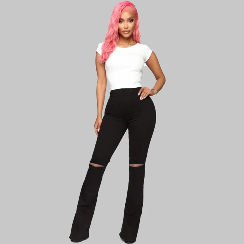 

Plus Size Fashion Women's Casual Denim Ripped Solid Color Jeans