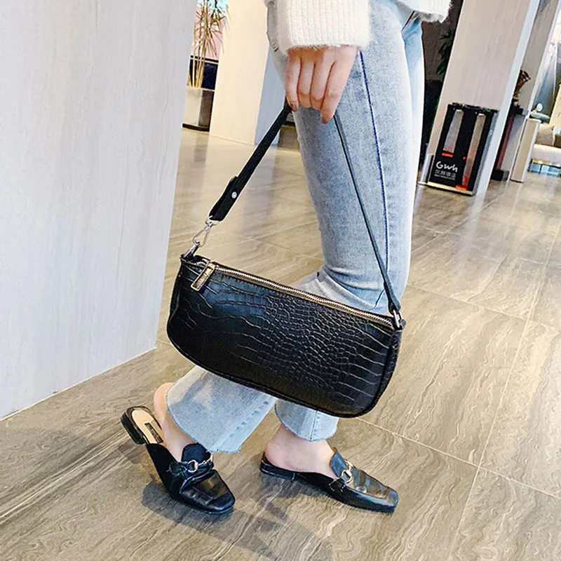 

Ladies Bag Casual Solid Zipper Shoulder Bags Retro Alligator Pattern Messenger Bags For Femme PU Leather Women Street Handbags