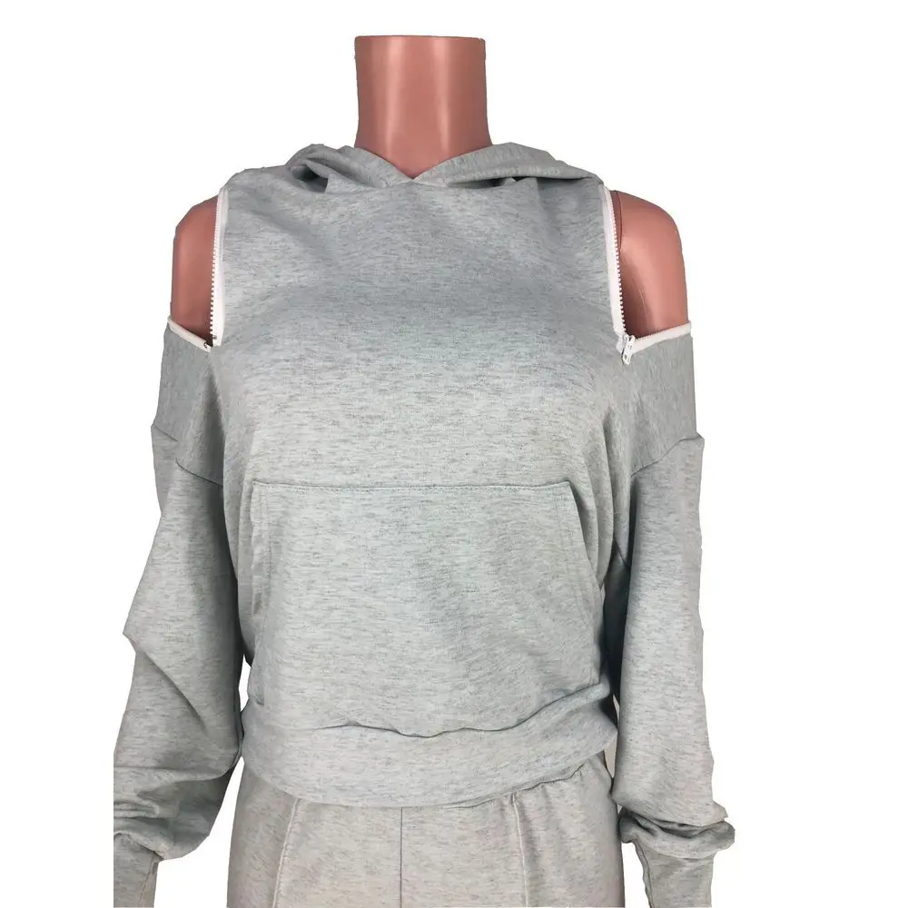 

Office Lady Sporty Two Piece Set Sweatsuit for Women Long Sleeve Hooded Sweatshirt and Long Trousers Off Shoulder Zipper Outfits