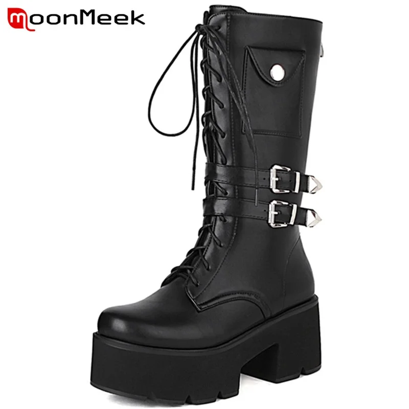 

MoonMeek 2022 New Arrival Zipper Lace Up Women Winter Boots Fashion Hot Sale Mid Calf Boots Comfortable Buckle Punk Modern Boots
