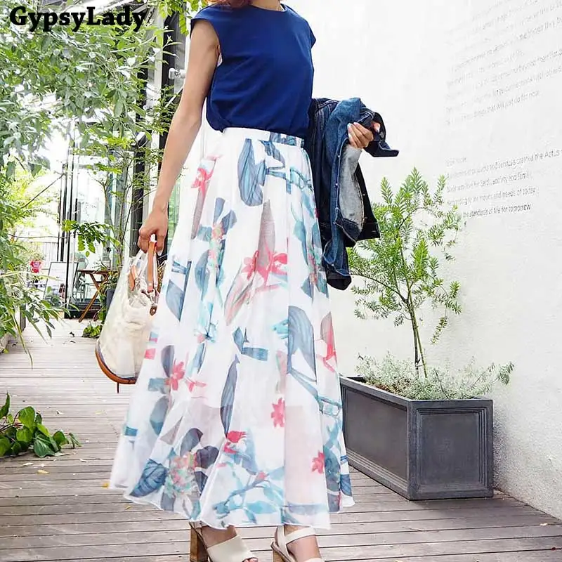 

GypsyLady Tropical Floral Maxi Skirt In White Elastic Skirt Plus Size Asymmetric Skirts Womens Casual Summer Skirt Faldas