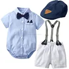 2021 для маленьких мальчиков комплект одежды джентльмена летний костюм для детей ясельного возраста, синяя рубашка с галстуком-бабочкой + штаны с подтяжками, шорты для мальчиков Одежда для новорожденных мальчиков