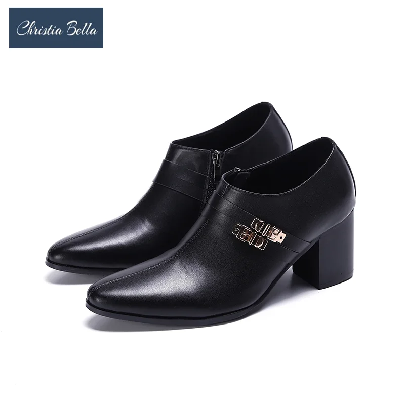 

Christia Bella Fashion High Heel Men Leather Shoes Pointed Toe Nightclub Party Dress Shoes Male Zipper Dancer Brogue Shoes