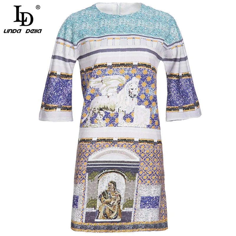

LD LINDA DELLA модное дизайнерское весеннее короткое платье для женщин с О-образным вырезом и коротким рукавом с принтом свободное винтажное мини...
