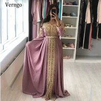 verngo moroccan kaftan dusty pink formal evening dresses gold lace appliques muslim arabic long sleeve occasion gowns custom