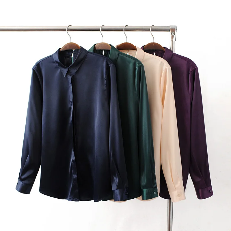 Повседневные Атласные Рубашки шелковые блузки Женский однотонный облегающий