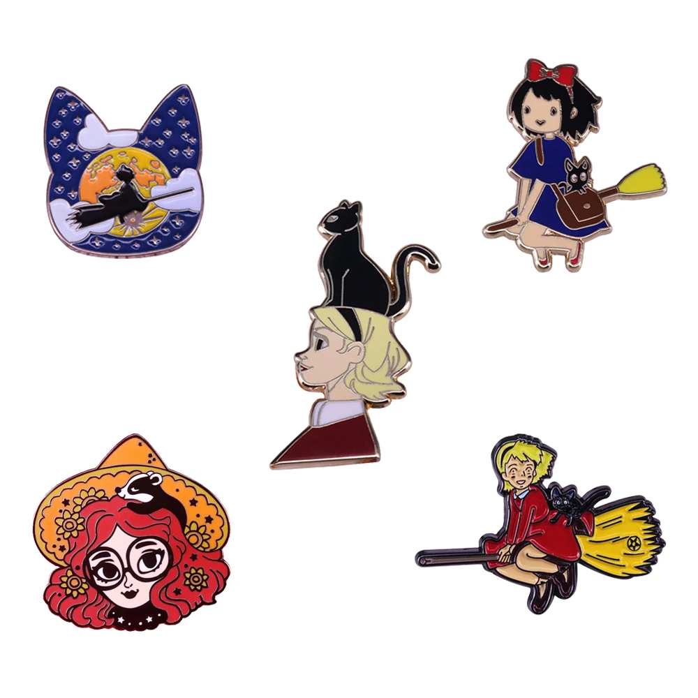 Маленькая ведьма эмали штырь Черный кот брошь для милых девочек Волшебные значок