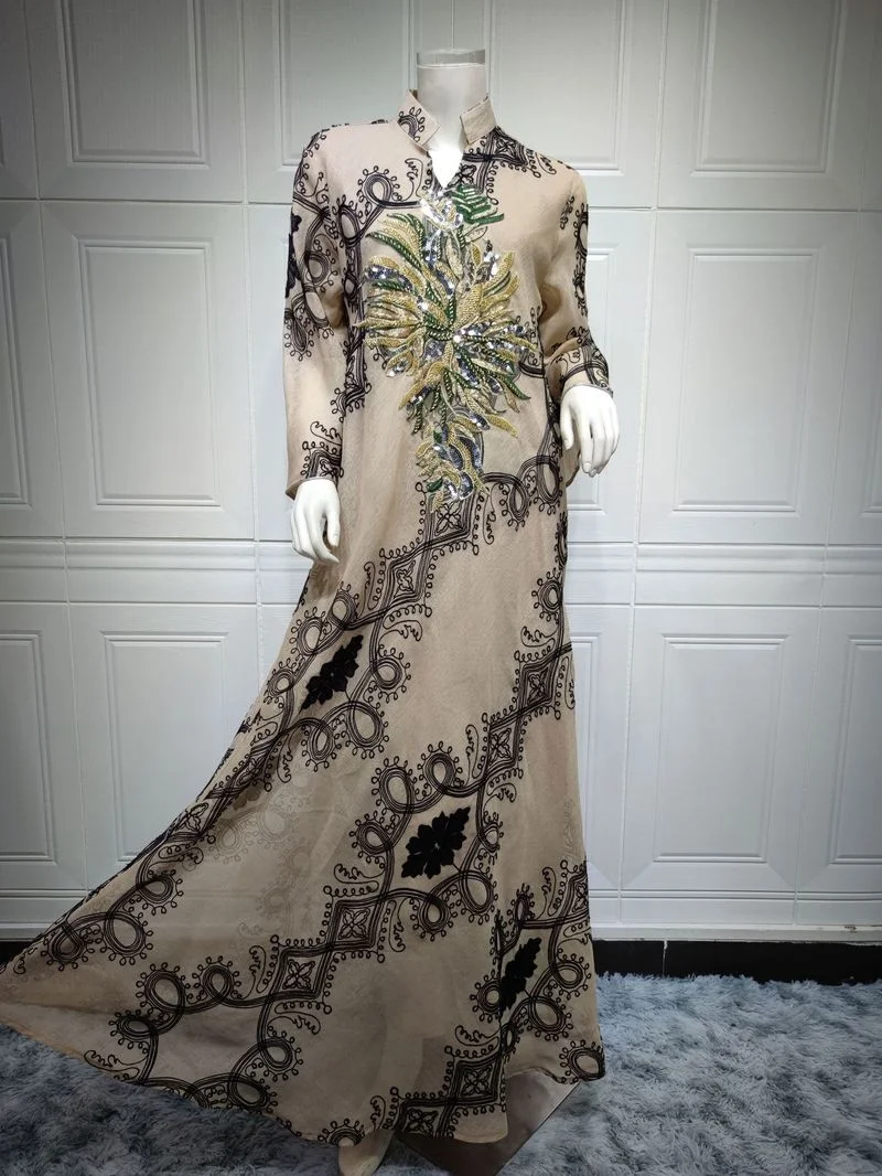 Fashion Mesh Embroidered Muslim Abaya Dress Jalabiya for Women Sequins Long Sleeve Party Morrocco Kaftan Dubai Evening Clothes