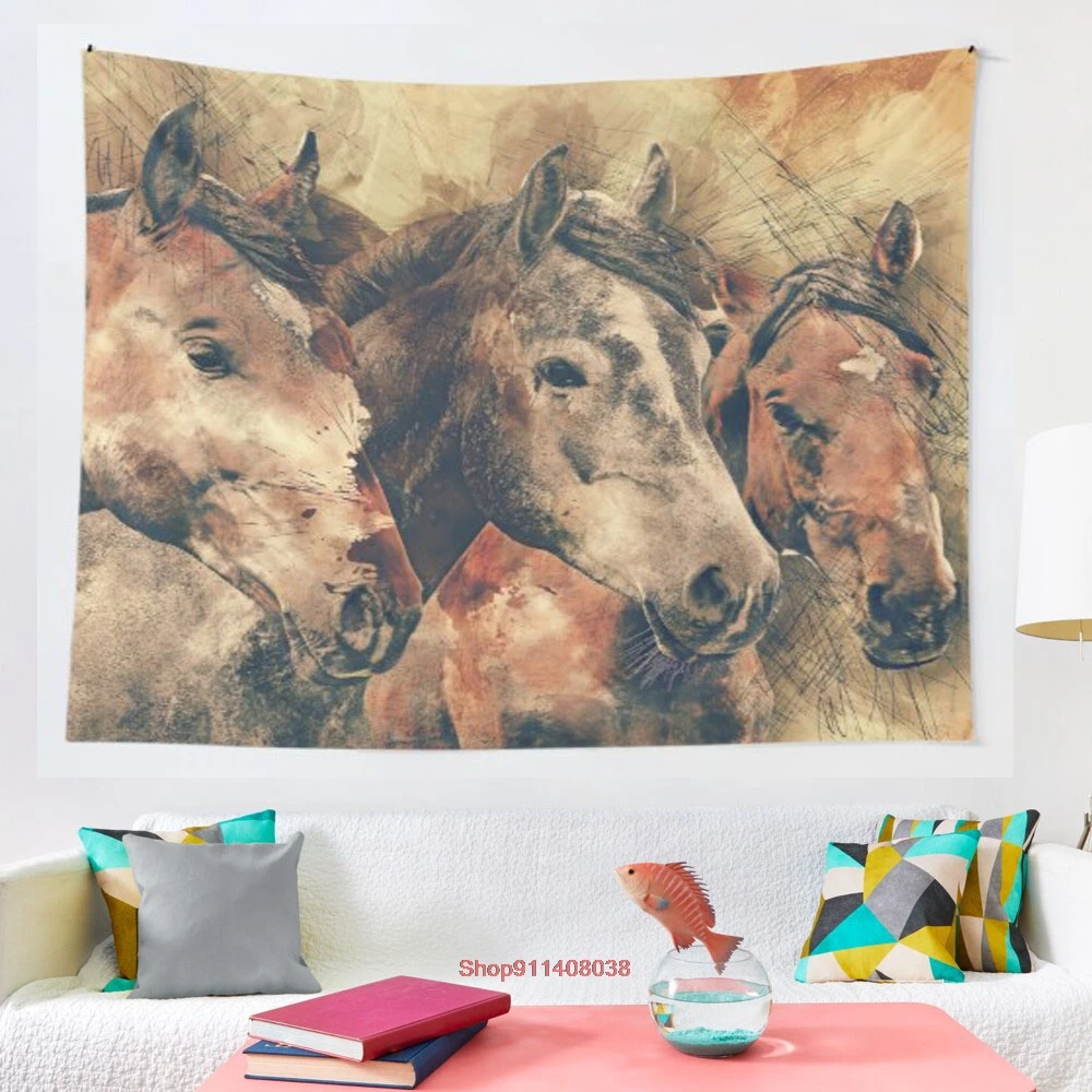 

Horses Artistic Watercolor Painting Decorative tapestry Cover Beach Towel Picnic Yoga Mat Home Decoration Wall Hanging