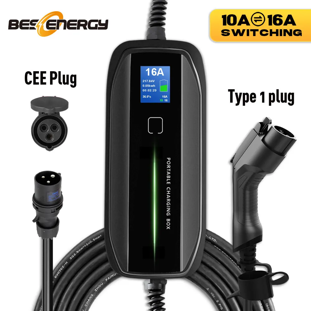 

Portable Type 1 EV Charging Box Cable Switchable 10/16A CEE Plug Electric Vehicle Car Charger S-A-E J1772 EVSE Max 3.6KW 6.1m