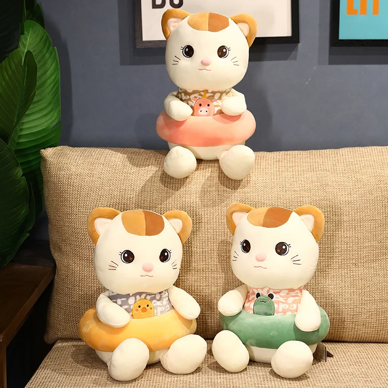 

1 шт. 25/45/55 см Kawaii Cat с плавательный кольцо, плюшевая игрушка, прекрасная маленькая белая игрушка сидя кошка кукла сна подушка Мягкие плюшевые ...