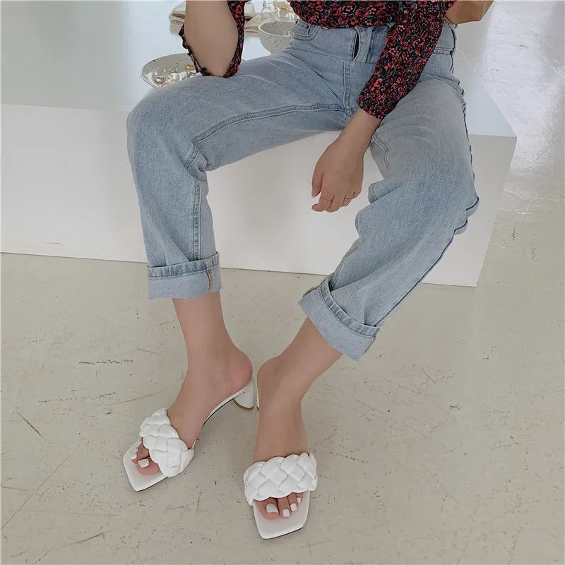 Summer Ladies Sandals And Slippers Braided Twist Word Thick Heel High Heels Open Toe Square Casual Women |