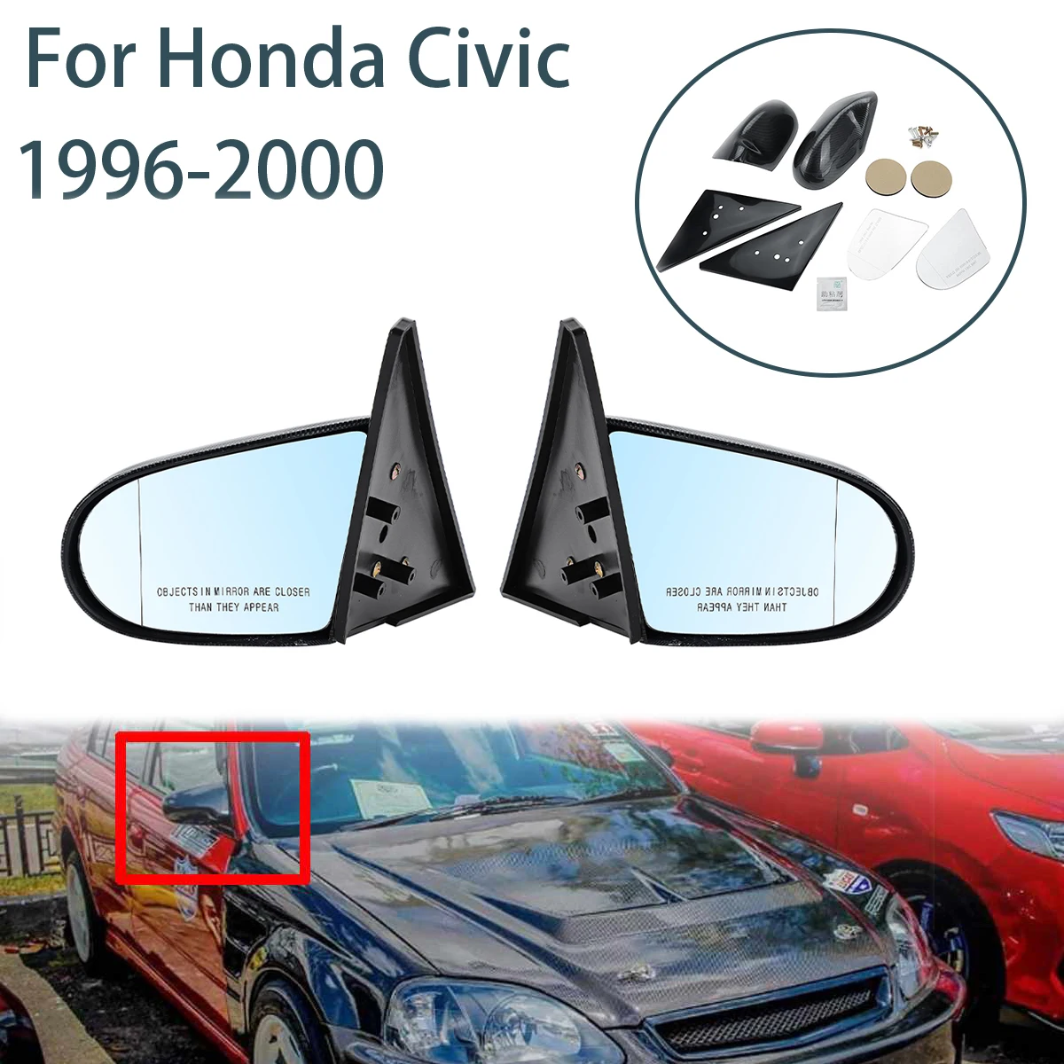 

Manual Adjustable 2x Carbon Fiber Look Car Side Mirror Rear View Mirror For Honda For Civic 4Dr Sedan 1996-2000 Spoon Style