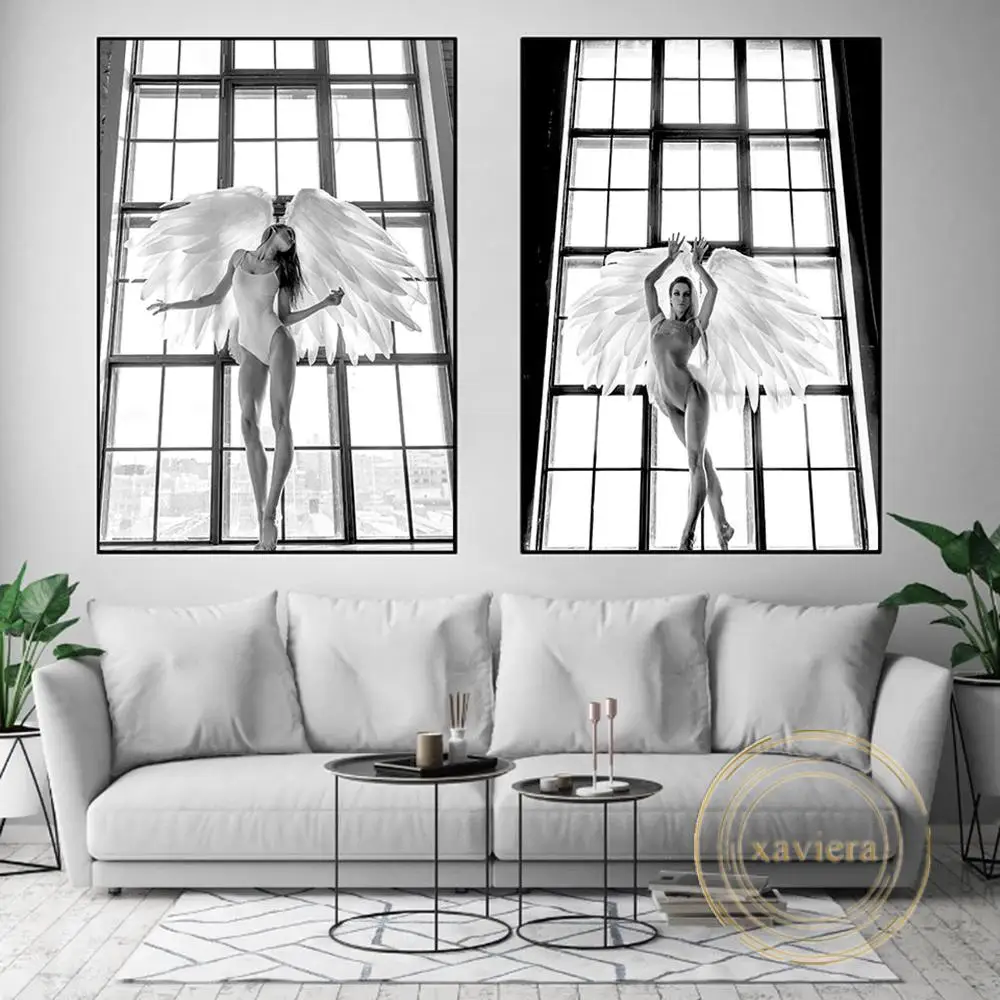 

Angel Wings Sexy Woman Canvas Painting Fashion Black and White Poster Window Dancer Girl Vintage Picture for Living Room Decor