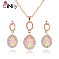 cinily luxury pink fire opal jewelry set rose gold color necklaces dangle pendants filled drop earrings with stone gifts woman