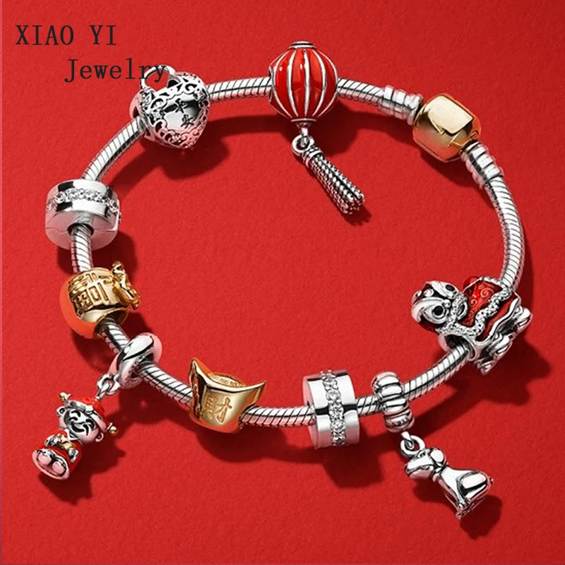 XIAOYI 925 пробы серебряный шарм Лев танец кошелек Золотой благоприятный Фонарь кулон Весна Pandoras браслет набор