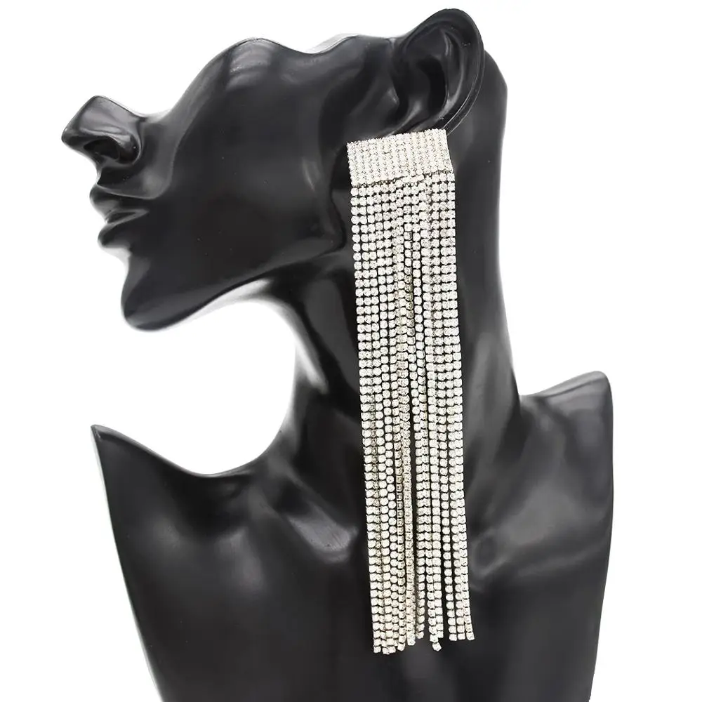 Полностью блестящие серьги Стразы с длинной цепочкой и кристаллами висячие для