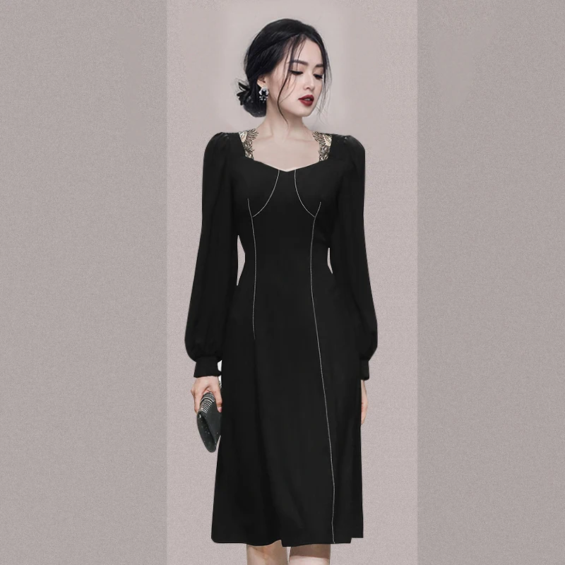 

2021 New Party Dress Slim Black Lantern Sleeve Lace Square Neck Waist Mid-length Formal Dress