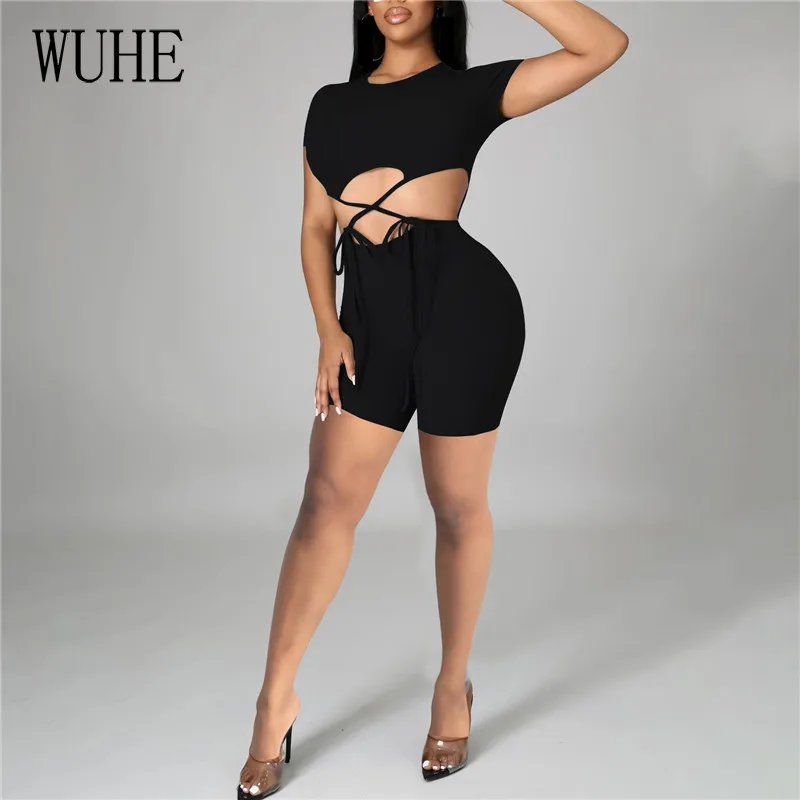 

WUHE Summer Sexy Bandage Playsuits Short Sleeve O Neck Hollow Out Lace Up Package Hip Nightclub Casual Sports Fitness Overalls