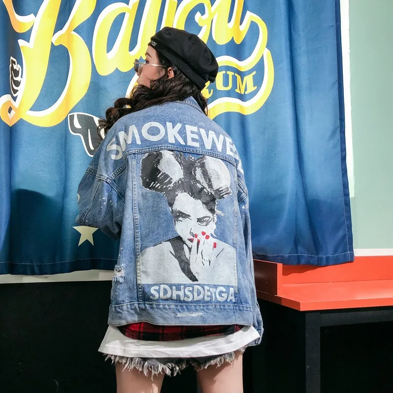 Женская джинсовая куртка OUSHANG винтажная Свободная в стиле панк с буквенным