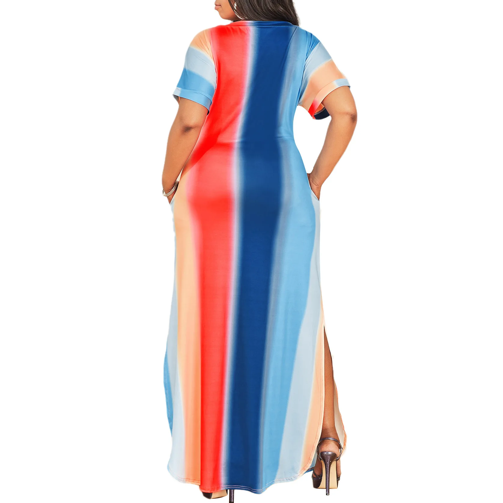 

Fashion Dress Women's Clothing Sexy V Neck Short Sleeve Personalized Pocket Striped Irregular Split Loose Commuter Long Skirt