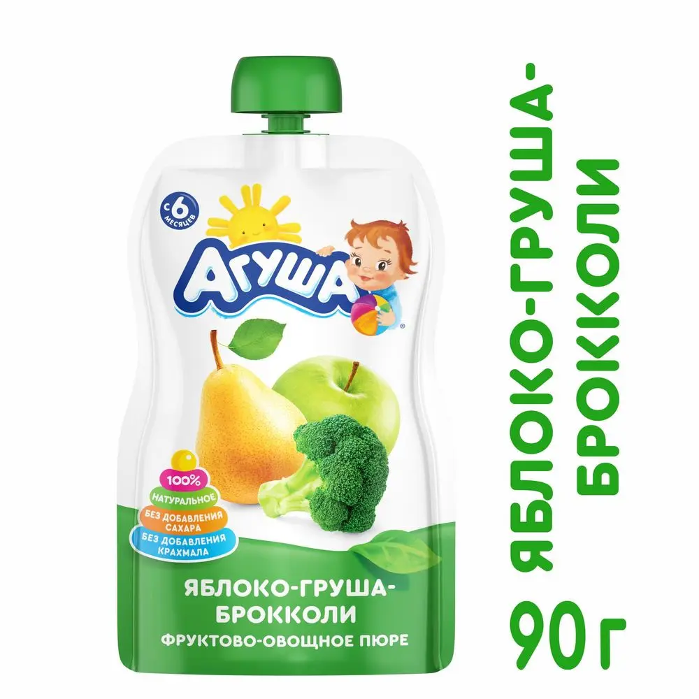Пюре Агуша яблоко-груша-брокколи 90г с 6месяцев | Фруктовое пюре