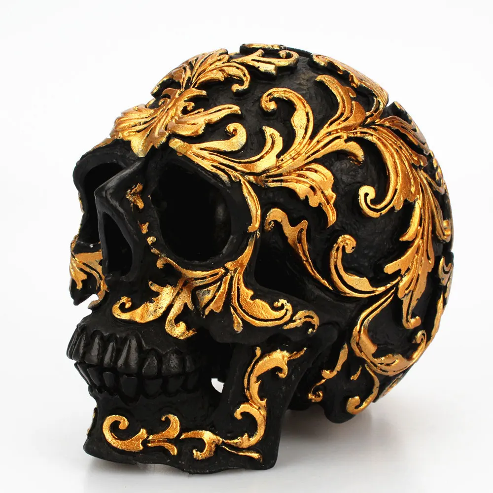 

Resin Craft Black Skull Head Golden Carving Halloween Party Decoration Skull Sculpture Ornaments Home Decoration Accessories