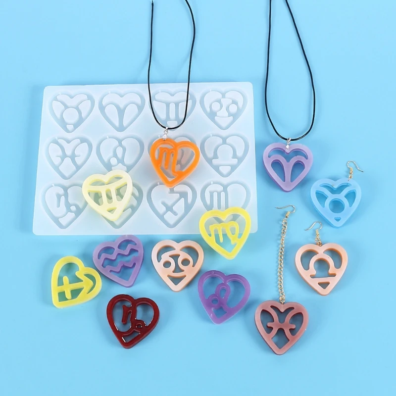 

12 Constellation Pendants Crystal Epoxy Resin Mold Love Heart Earrings Keychain Silicone Mould DIY Crafts Jewelry Mold