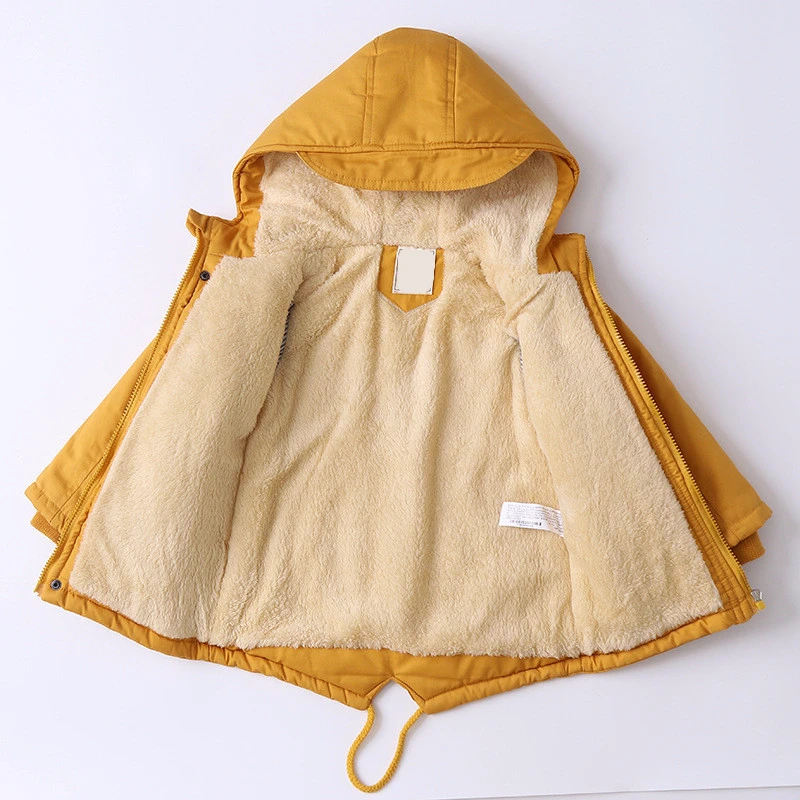 

3-8Y Boys Warm Long-Jacket Hooded Girls Plus Velvet Thicken Cotton Swallowtail Outwear Coat for Baby Children Winter Clothes