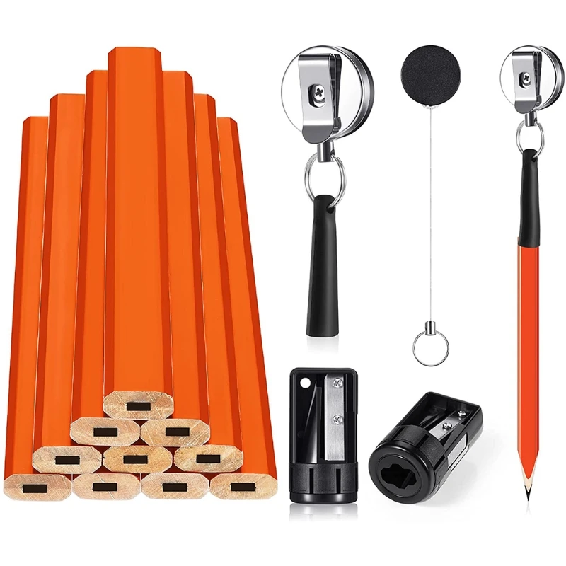 

Carpenter Pencil Set with Silicone Pen Sleeve Flat Octagonal Hard Black Carpenter Marking Pencils DIY Tool M0XC
