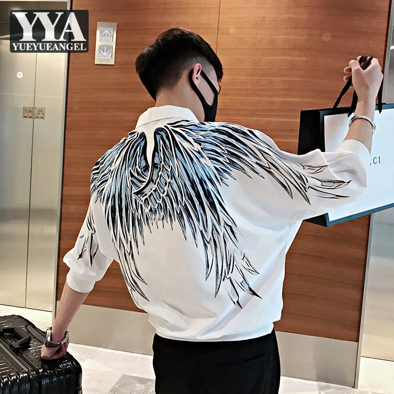 

Summer Mens Back Wing Printed Casual Shirts Pullover Loose Fit Three Quarter Shirts New Fashion Clubwear Male Streetwear Tops