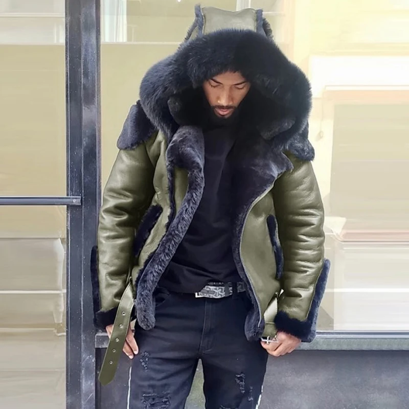 Мужская зимняя куртка из искусственной кожи на молнии с меховым помпоном | одежда