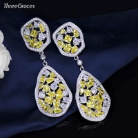threegraces elegant yellow cubic zirconia crystal silver color drop dangle earrings for women evening party accessories er600
