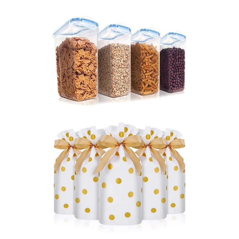 

50 Pcs Treat Bags With Drawstring Candy Bags, Plastic Favor Bag & 4 Set Cereal Storage Container Set