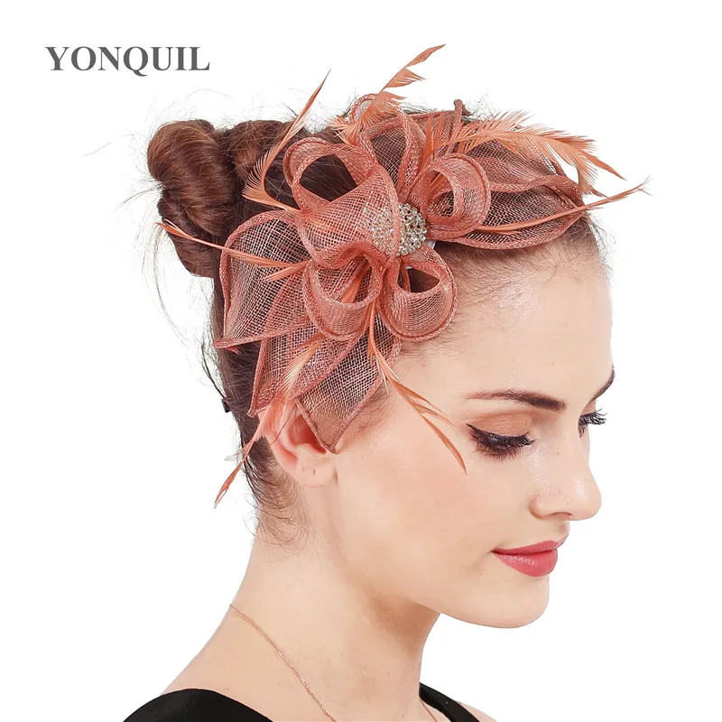 

Sinamay Women Wedding Headwear Bride Fascinators Hats Headband New Fashion Marriage Hair Accessory With Fancy Feather Hair Clip