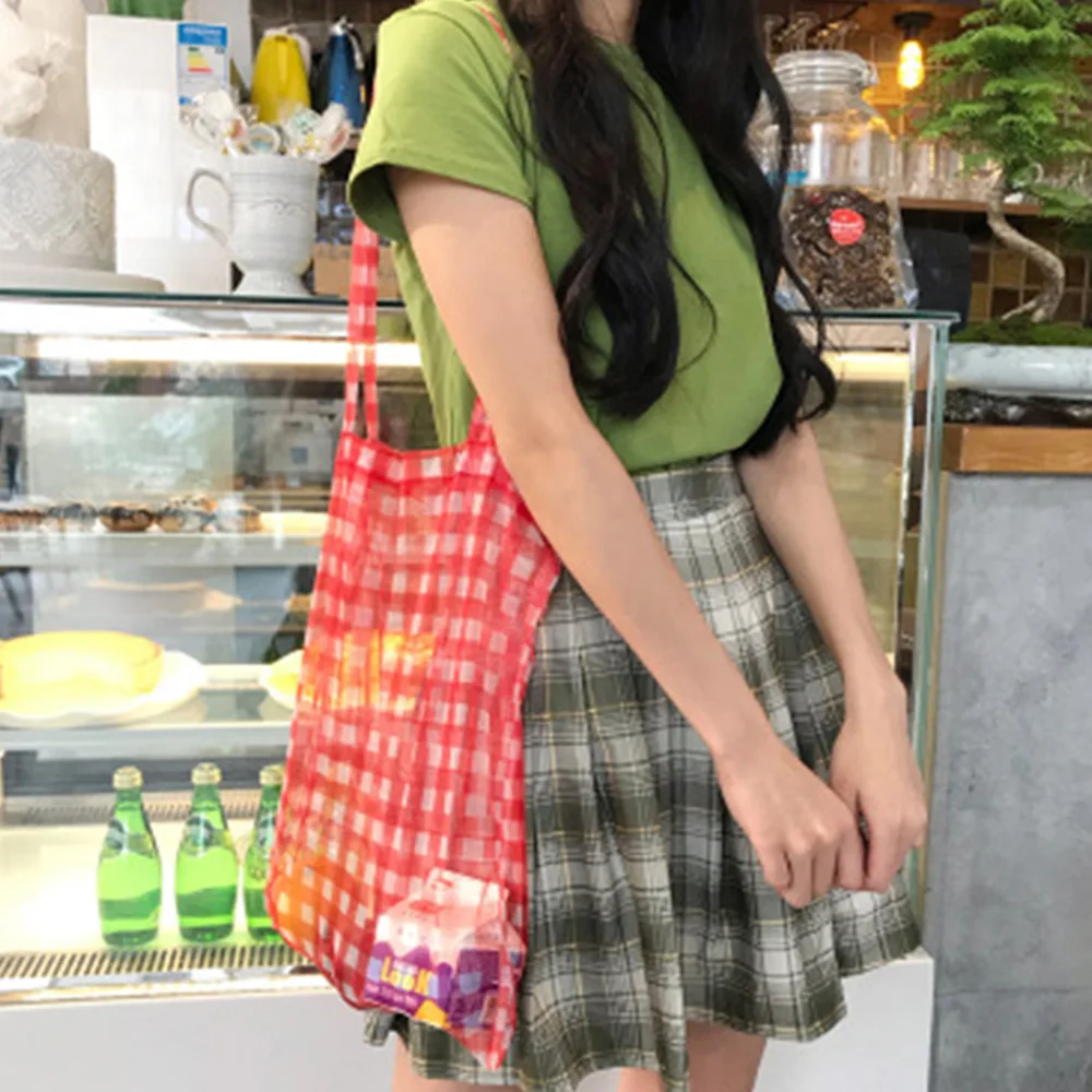 

New Mesh Tote Bags Women Transparent Plaid Shopper Bags Shoulder Bags Reusable Handbags Foldable Decorative Casual