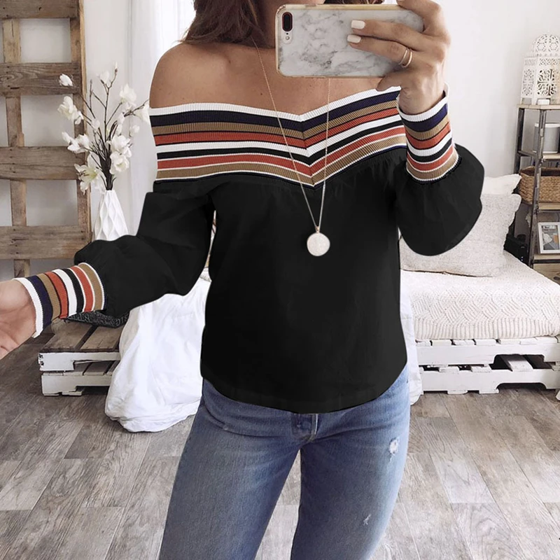 

Women's Spring Casual Colorful Long Sleeve Off Shoulder Top Off Shoulder Print Knit Splicing Top Shirt -CH34