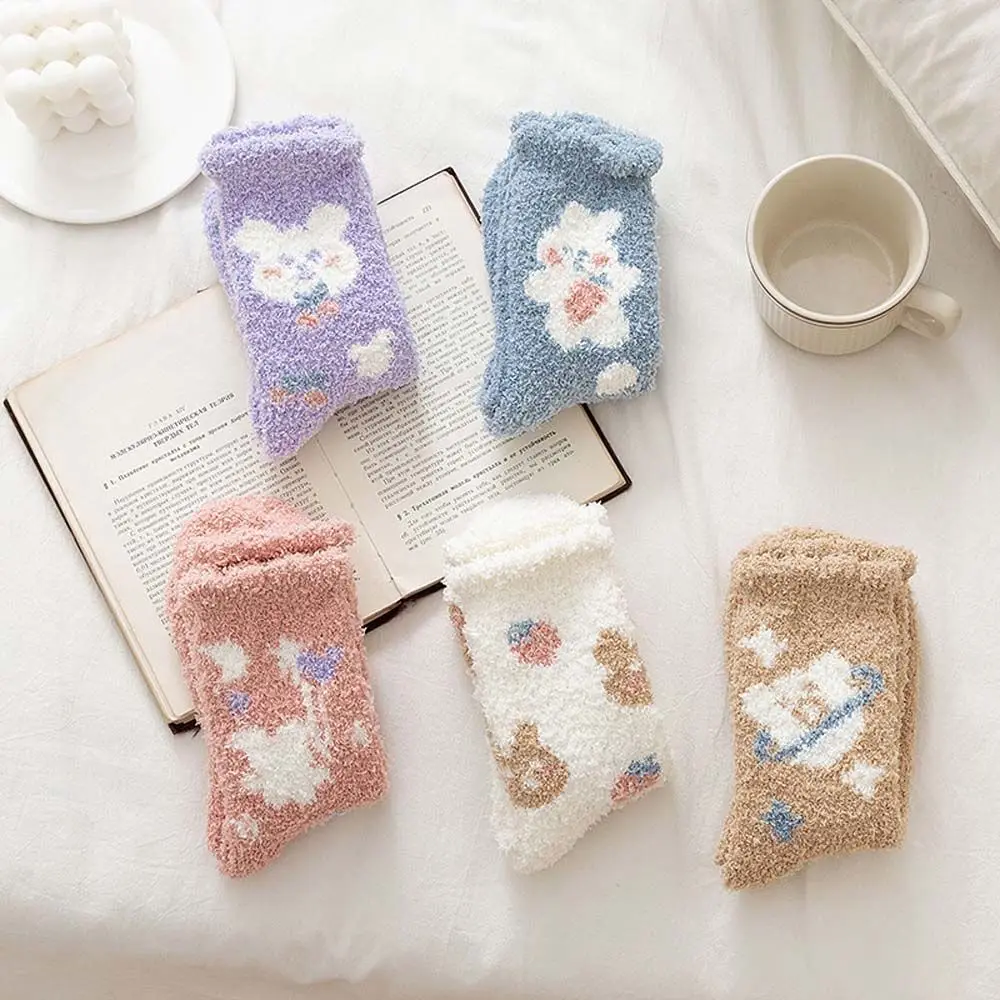 Женские носки из кораллового флиса с мультяшным медведем и кроликом средней