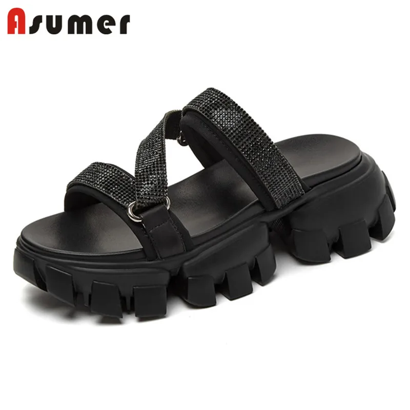 

Asumer 2021 Hot Sale Flat Platform Sandals Women Shoes Genuine Leather Sandals Crystal Summer Fashion Casual Shoes Women Sandals
