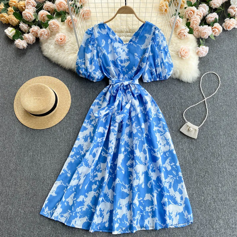 

Женское приталенное платье средней длины, Элегантное синее платье с квадратным вырезом и пышными рукавами, весна-лето, GL050