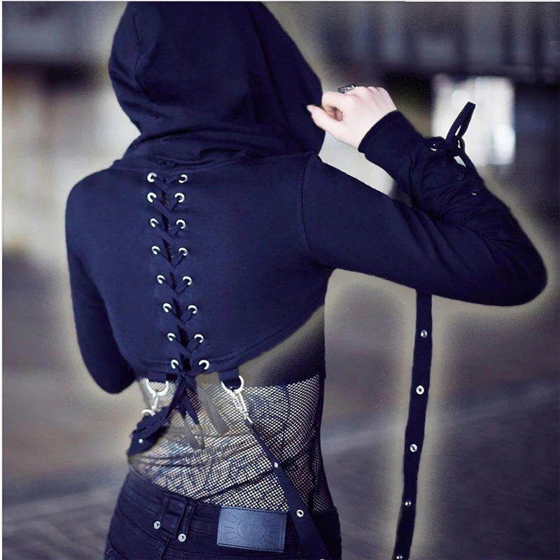Women Fashion Black Gothic Hoodie Crop Top Rivet Straps Cosplay Costume short sweatshirt Halloween costume | Тематическая одежда и
