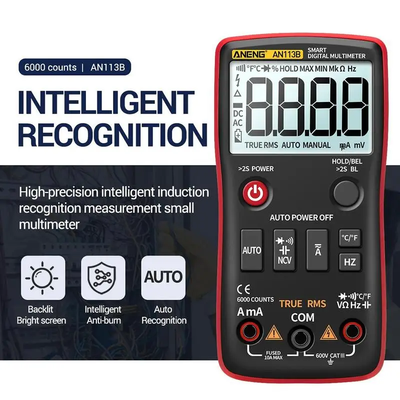 

AN113B Digital Multimeter True RMS with Temperature Auto-Ranging AC/DC Tester Counts Meter 6000 Voltage Transistor J2L1