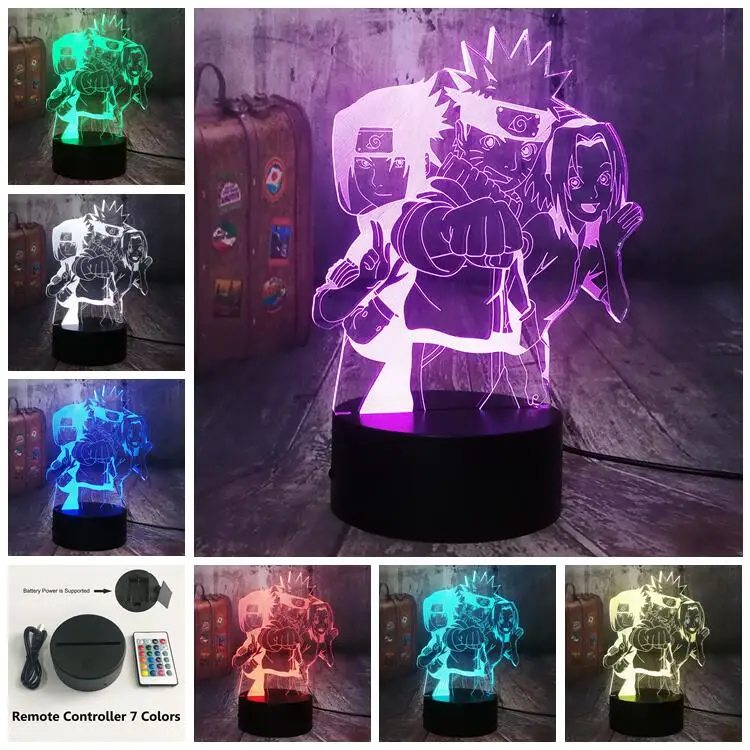 Remote one 7 Color Аниме Фигурка Наруто группа Uzumaki Наруто 3D Оптическая иллюзия ночник 7 цветов Настольная лампа Hatake Какаши Учиха Саске ребенок подарок - Испускаемый цвет: Remote one 7 Color