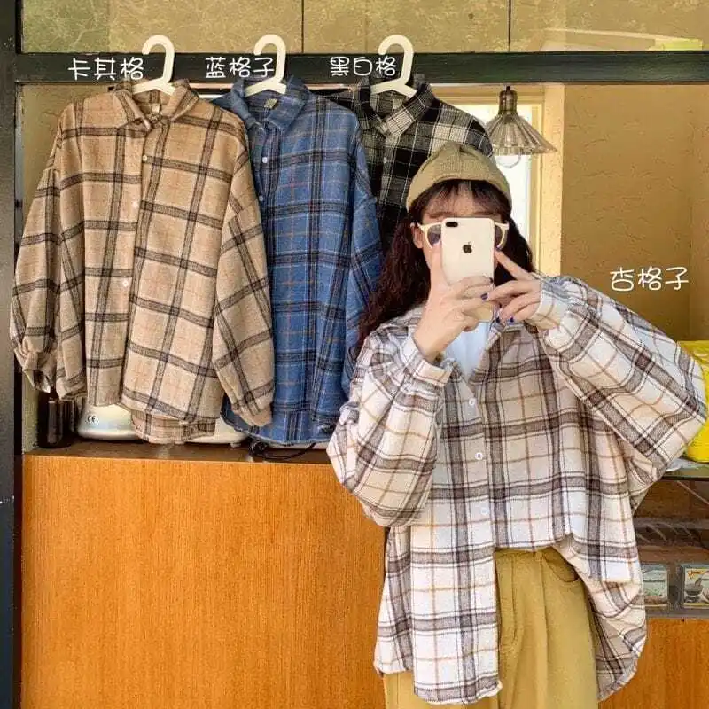 

Spring Women Blouses Turn-down Collar Shirts Plaid All-match BF Batwing-sleeve Loose Outwear Harajuku Female 4 Colors Chic New