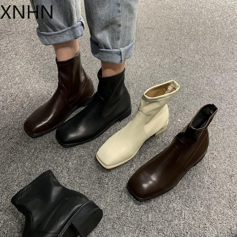 XNHN короткие ботинки в европейском стиле с квадратным носком Женские Простые