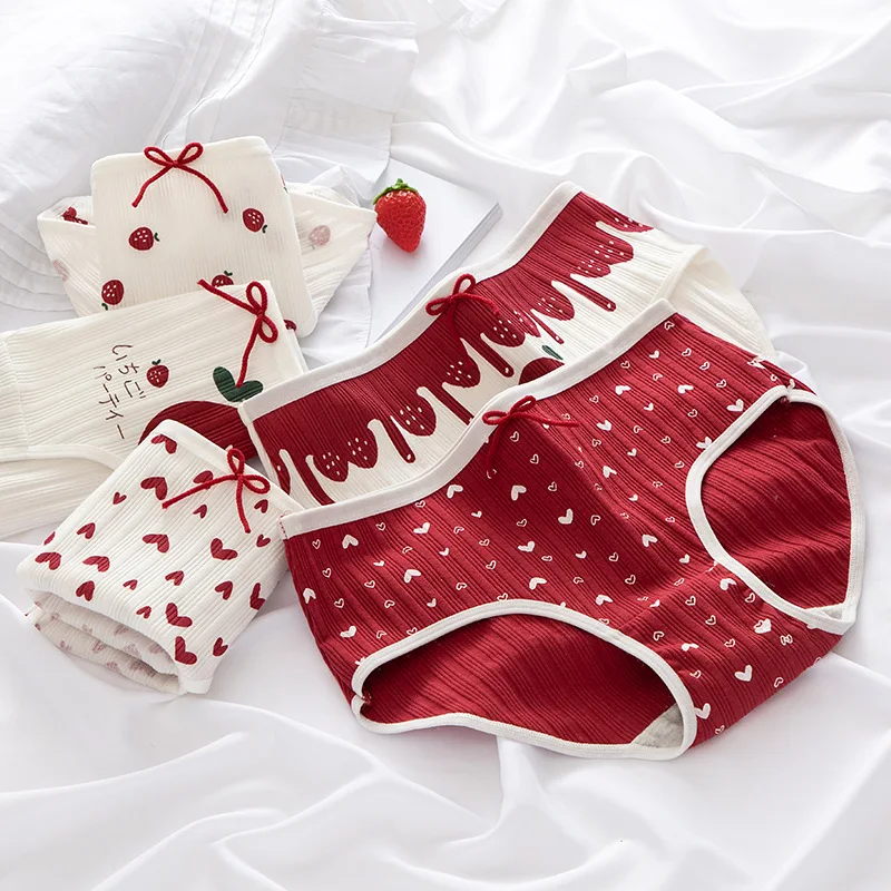 

Cotton Panties Women Underpants Sexy Briefs Cute Underwear Soft Lingerie Strawberry Heart Girls Pantys Size M-XL