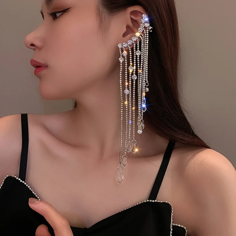 

Exaggerated Heavy Elegant Female Asymmetrical Zircon Dangle Earrings Wedding Earrings For Women Fashion Tassel Long Earrings