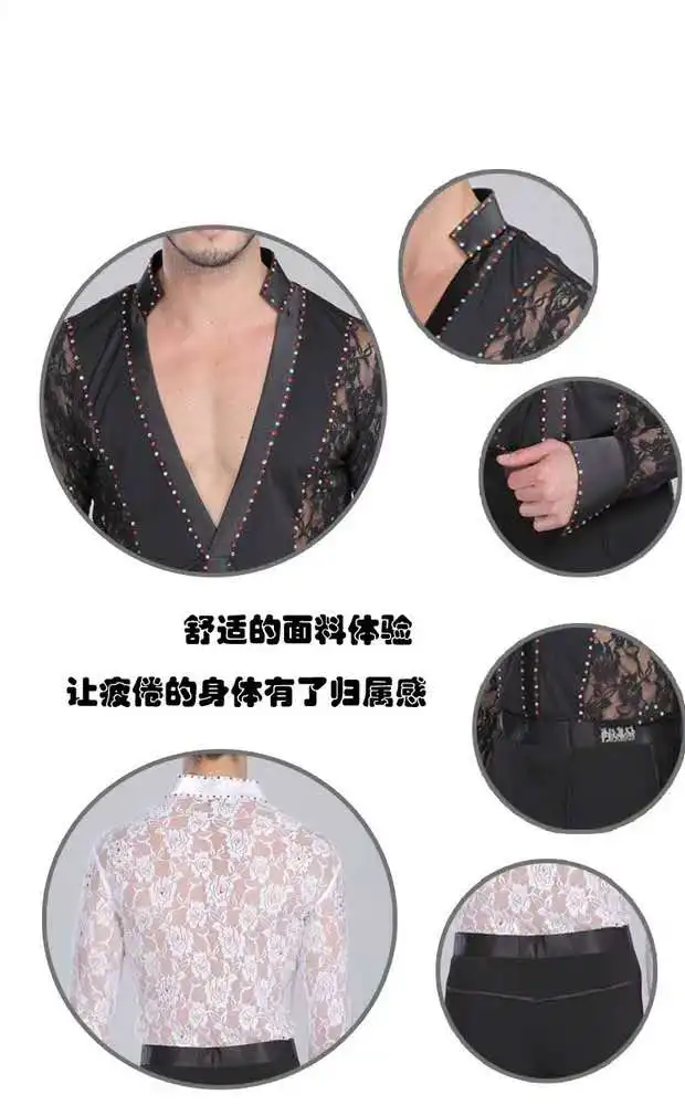 Фото black white lace Men boy ballroom Latin body shirt V neck long sleeve rhinestone Тематическая одежда и униформа black white lace Men boy ballroom Latin body shirt V neck long sleeve rhinestone Тематическая одежда и униформа