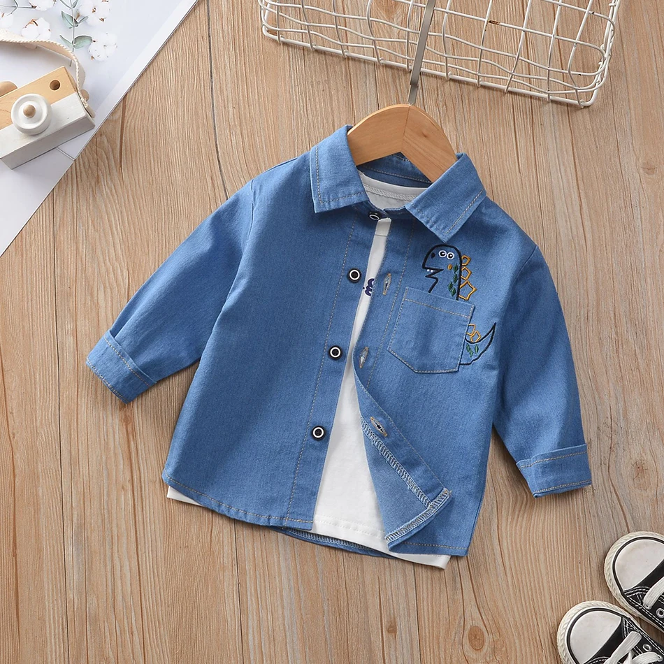 

Child Baby Boys Turndown Collar Shirts Cotton Jeans Dinosaur Long Sleeve School Blouses Casual Clothes For 2 3 4 5 6 Years